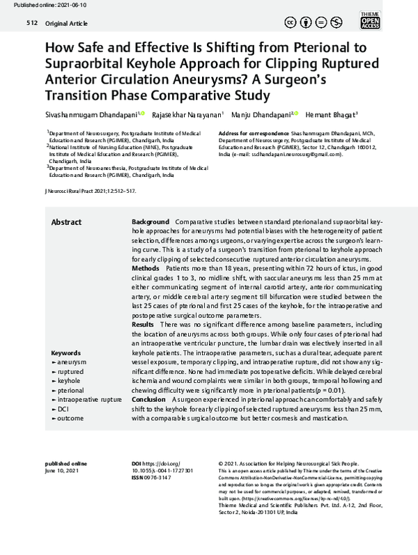 (PDF) How Safe and Effective Is Shifting from Pterional to Supraorbital ...