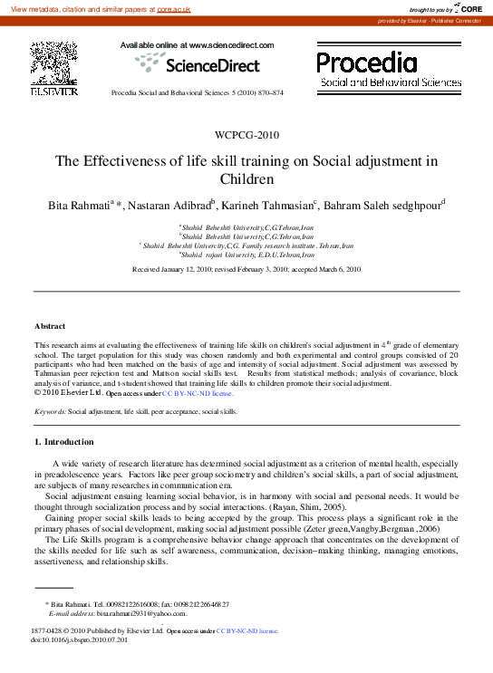 (PDF) The Effectiveness of life skill training on Social adjustment in ...