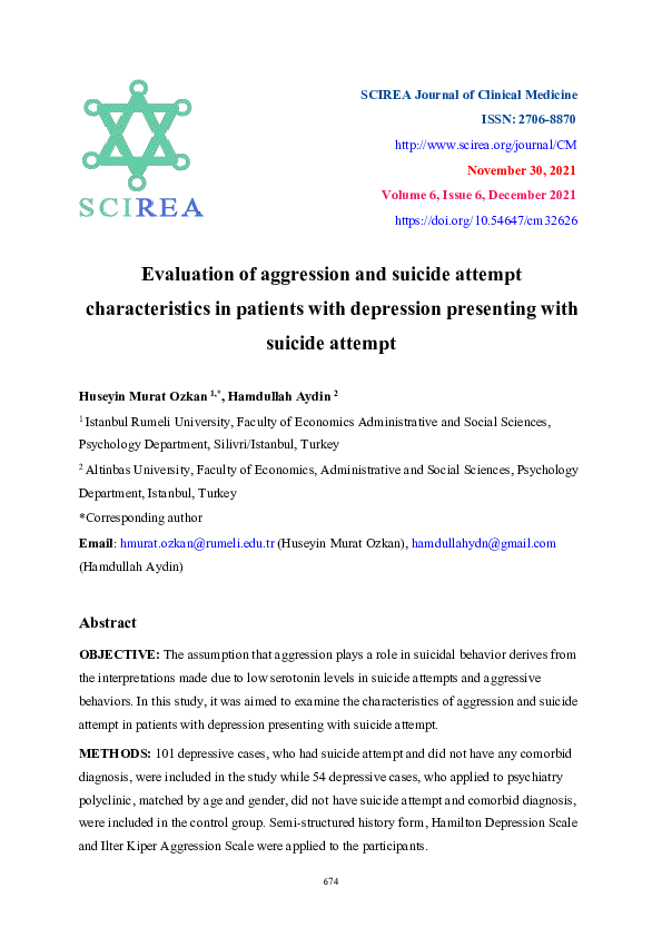 (PDF) Evaluation of aggression and suicide attempt characteristics in ...
