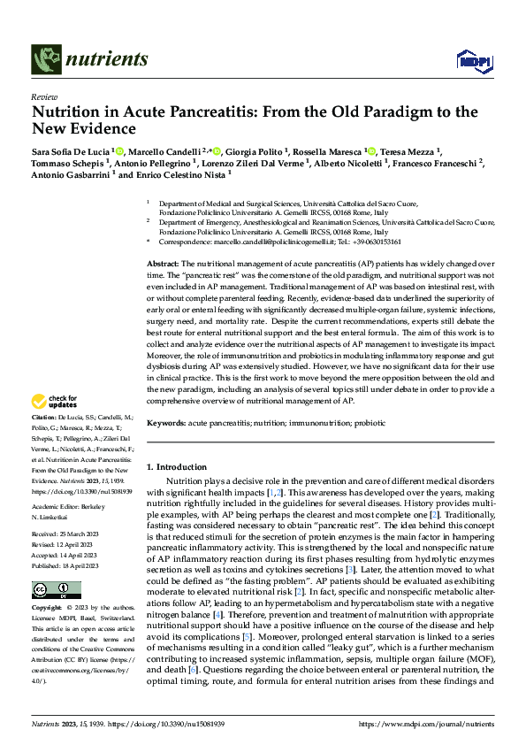 (PDF) Nutrition in Acute Pancreatitis: From the Old Paradigm to the New ...
