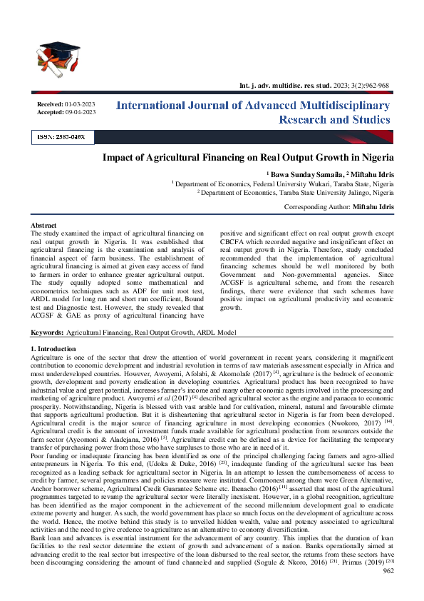 (PDF) Impact of Agricultural Financing on Real Output Growth in Nigeria