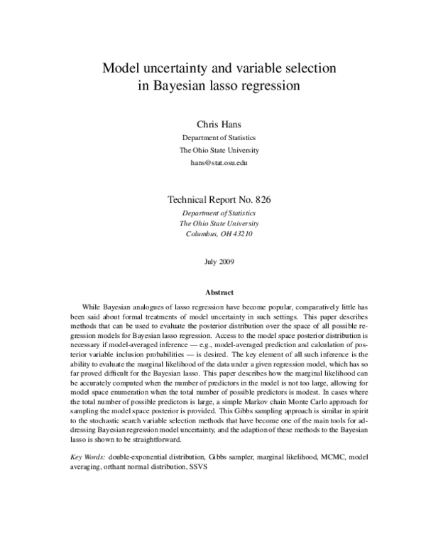 (PDF) Model uncertainty and variable selection in Bayesian lasso regression