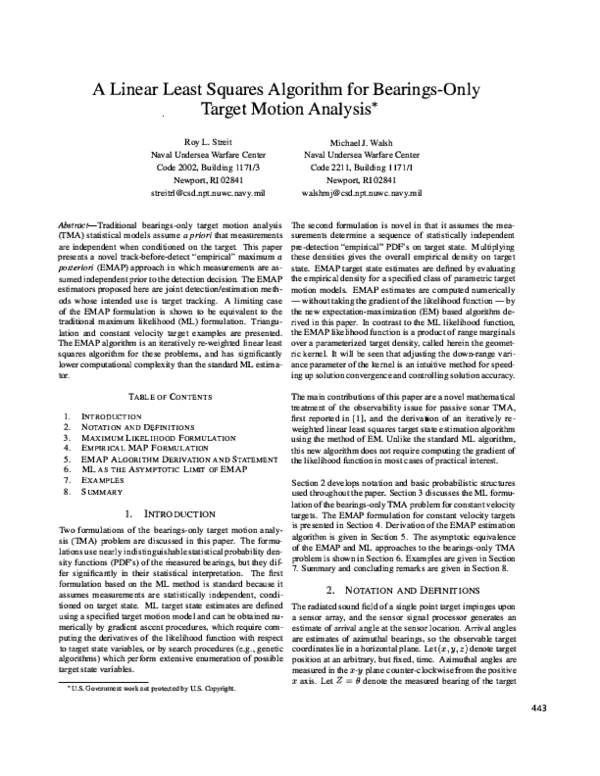 (PDF) A linear least squares algorithm for bearings-only target motion ...