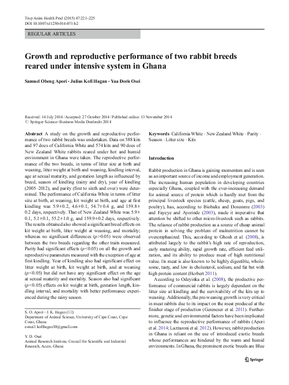 (PDF) Growth and reproductive performance of two rabbit breeds reared ...