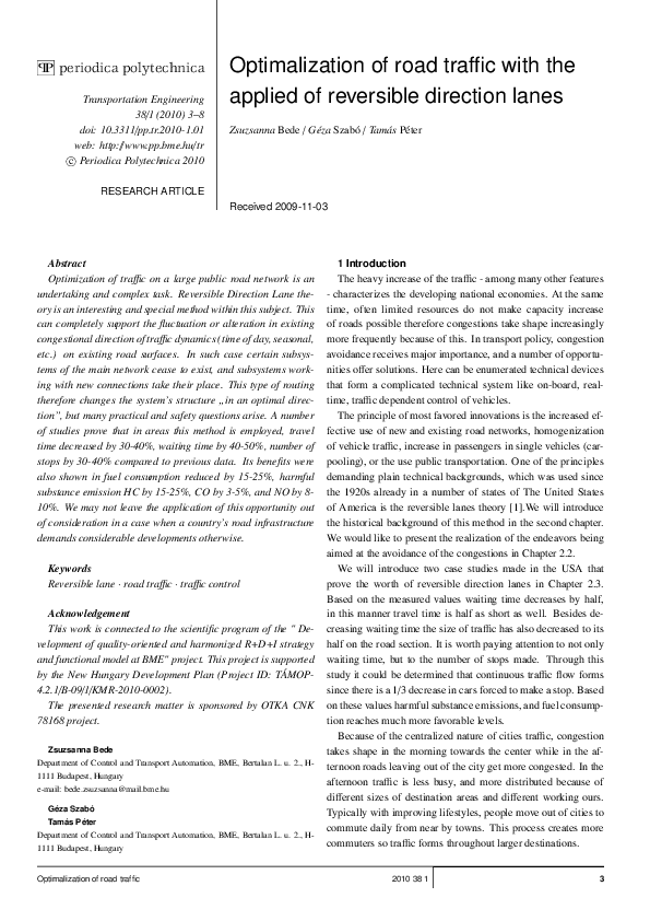(PDF) Optimalization of road traffic with the applied of reversible ...
