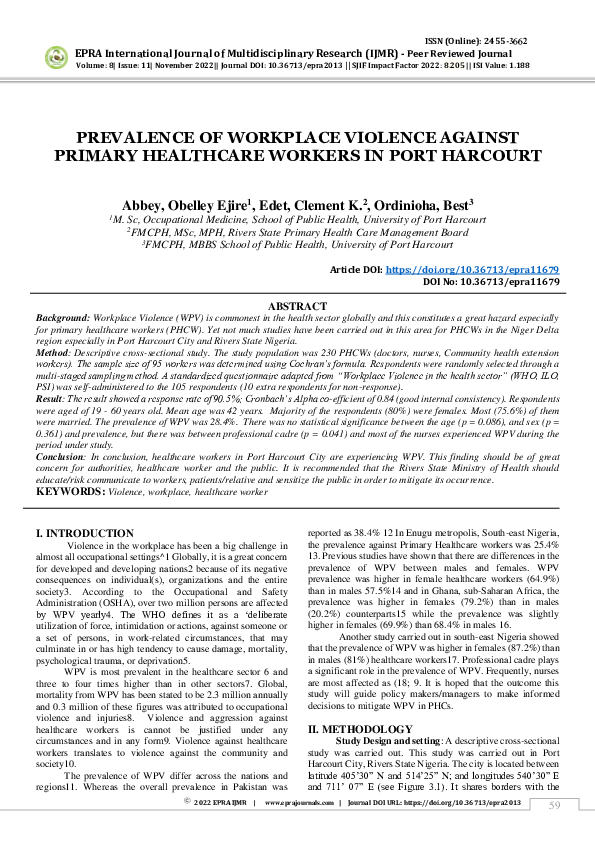 (PDF) Prevalence of Workplace Violence Against Primary Healthcare ...