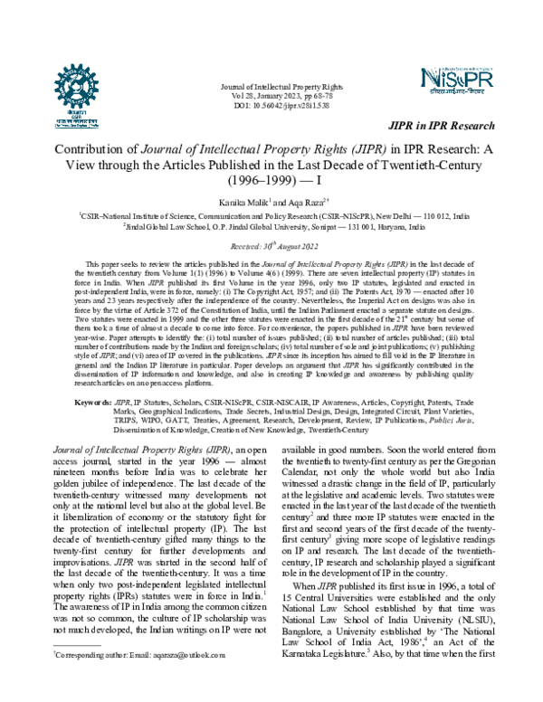 (PDF) Contribution of Journal of Intellectual Property Rights (JIPR) in ...