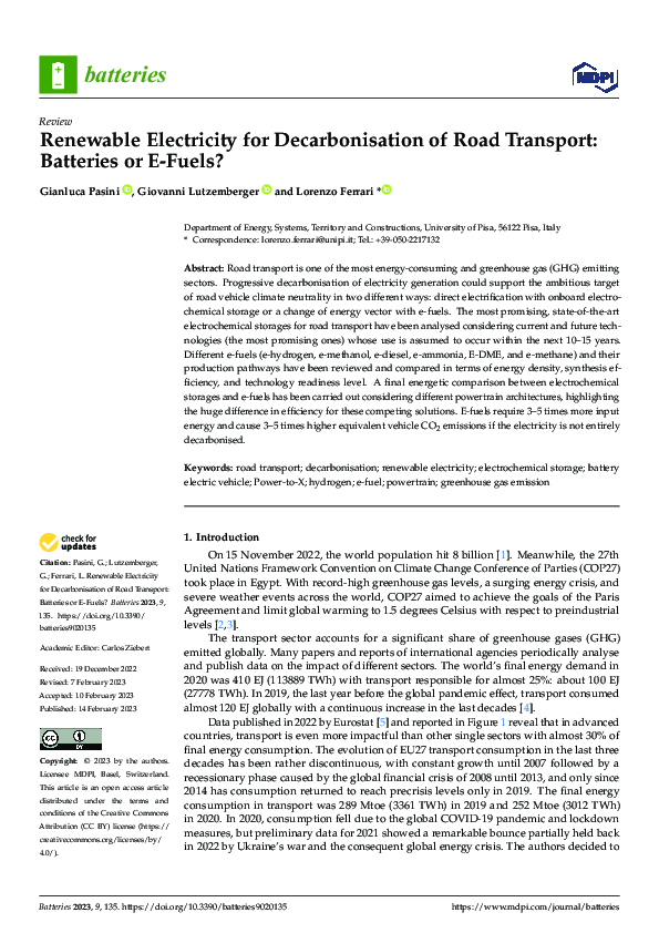 (PDF) Renewable Electricity for Decarbonisation of Road Transport ...