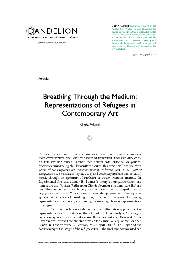 Breathing Through the Medium: Representations of Refugees in Contemporary Art
