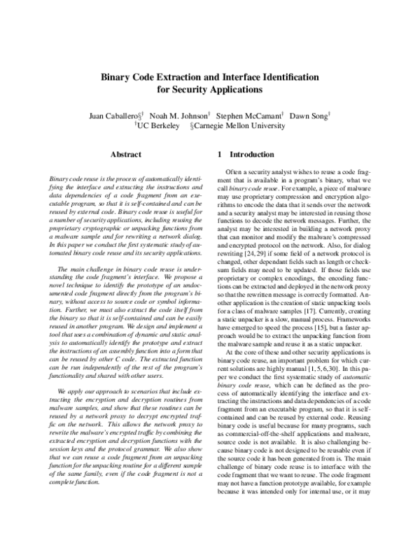 (PDF) Binary Code Extraction and Interface Identification for Security