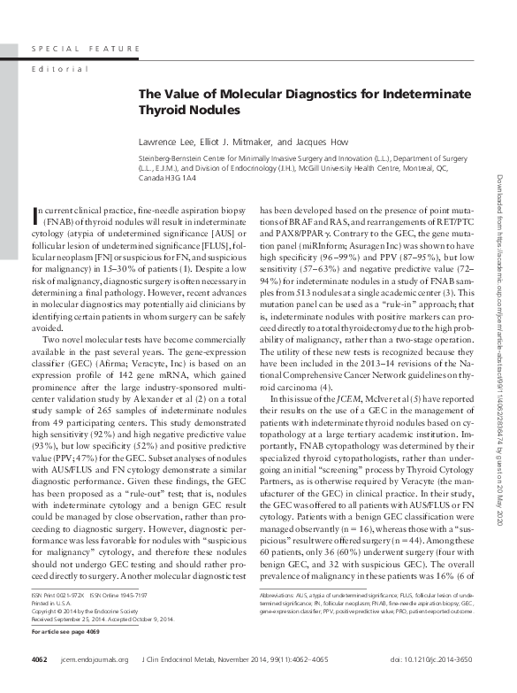 (PDF) The Value of Molecular Diagnostics for Indeterminate Thyroid Nodules