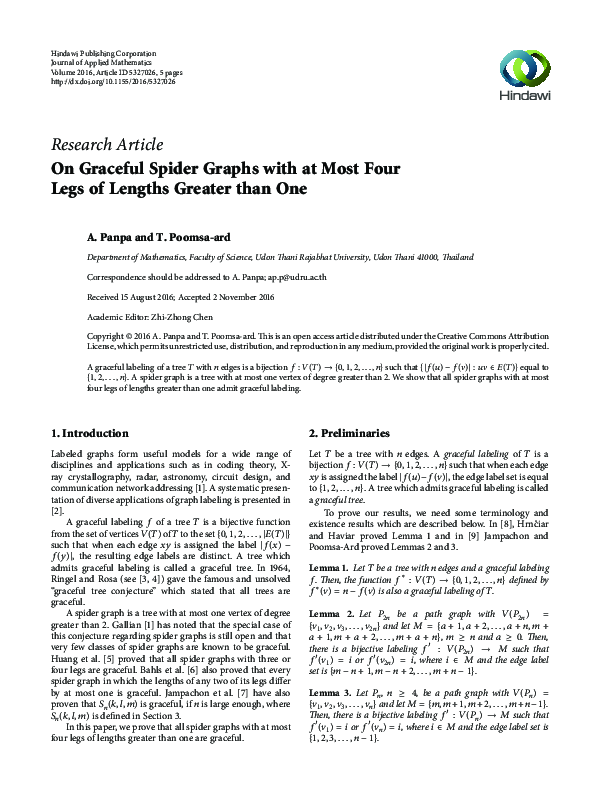 (PDF) On Graceful Spider Graphs with at Most Four Legs of Lengths ...