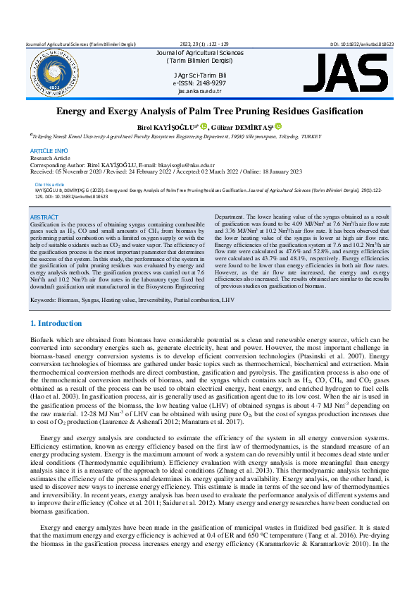 (PDF) Energy and Exergy Analysis of Palm Tree Pruning Residues Gasification