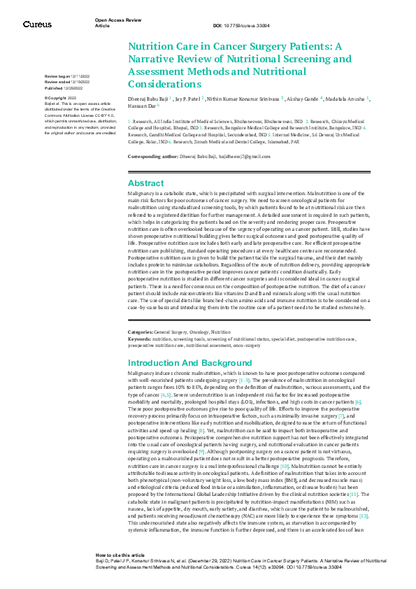 (PDF) Nutrition Care in Cancer Surgery Patients: A Narrative Review of ...