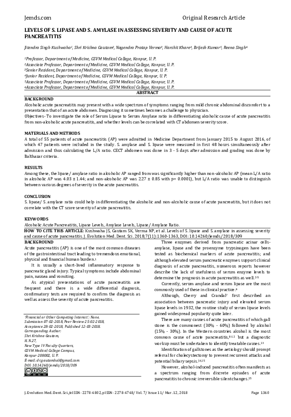 (PDF) Levels of S. Lipase and S. Amylase in Assessing Severity and ...