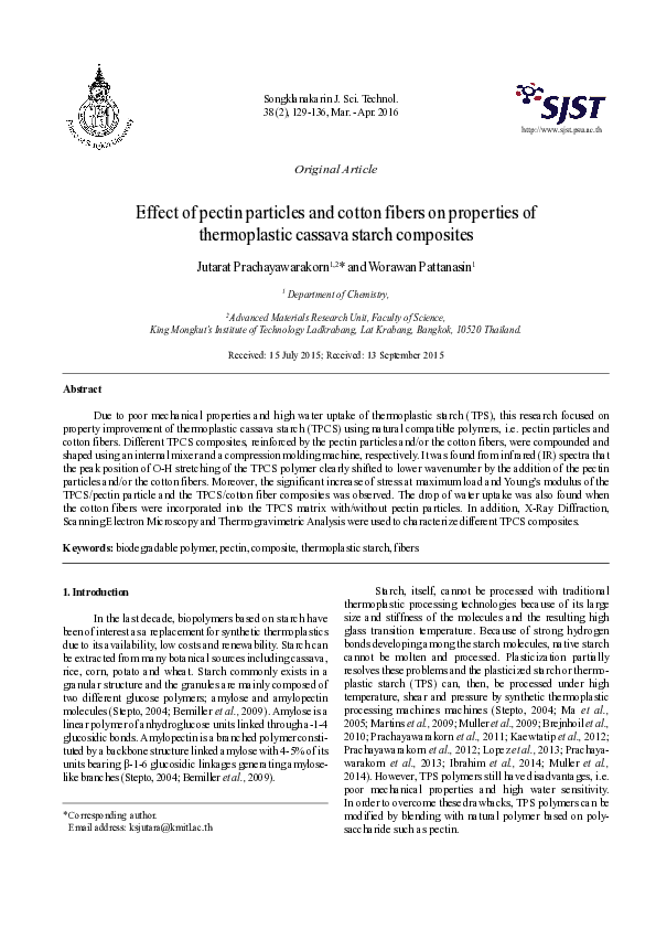 (PDF) Effect of pectin particles and cotton fibers on properties ...