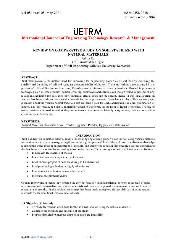 (PDF) Review on Comparative Study on Soil Stabilized with Natural Materials