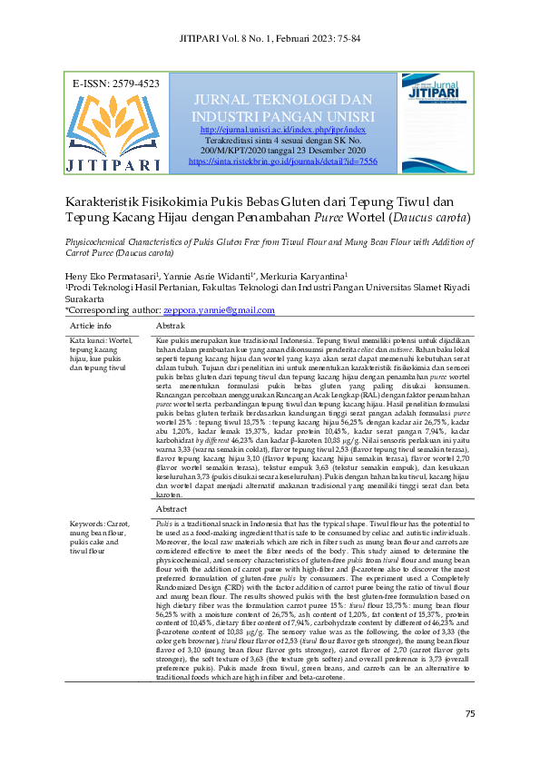 Karakteristik Fisikokimia Pukis Bebas gluten dari Tepung Tiwul dan Tepung kacang Hijau dengan Penambahan Puree Wortel (Daucus carota)