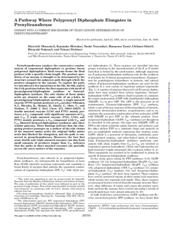 (PDF) A Pathway Where Polyprenyl Diphosphate Elongates in Prenyltransferase
