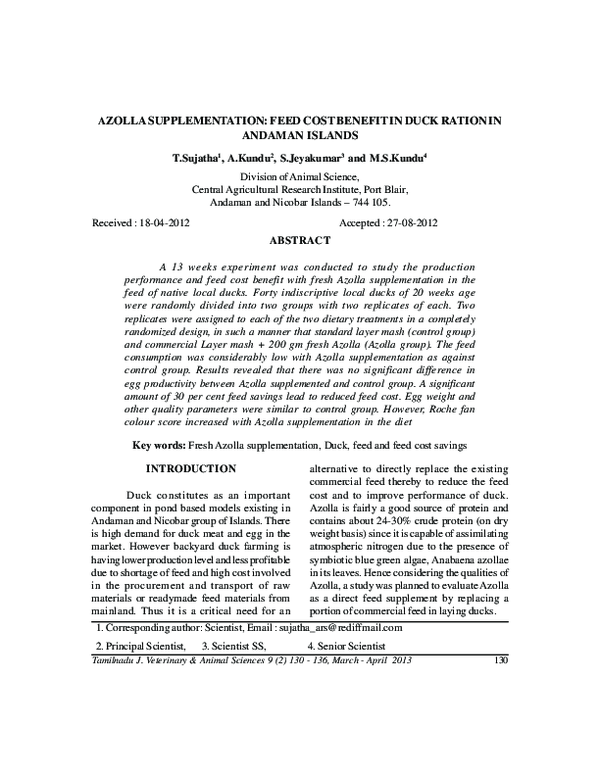 (PDF) Azolla supplementation: feed cost benefit in duck ration in ...