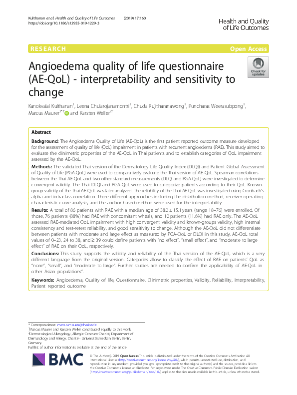 (PDF) Angioedema quality of life questionnaire (AE-QoL ...