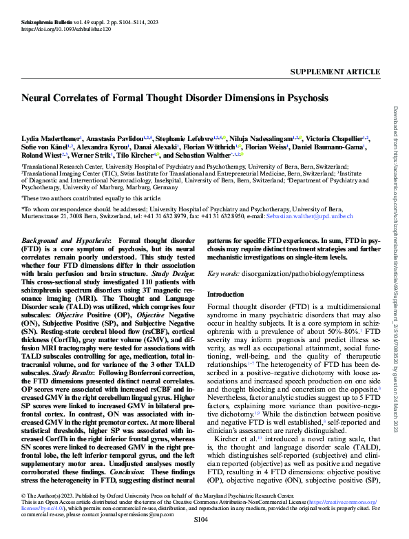 (PDF) Neural Correlates of Formal Thought Disorder Dimensions in Psychosis
