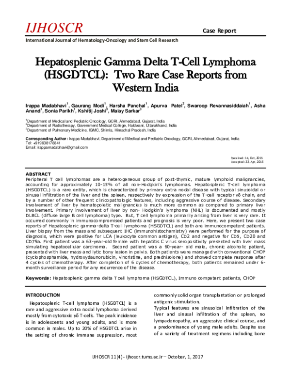 (PDF) Hepatosplenic Gamma Delta T-Cell Lymphoma (HSGDTCL): Two Rare ...