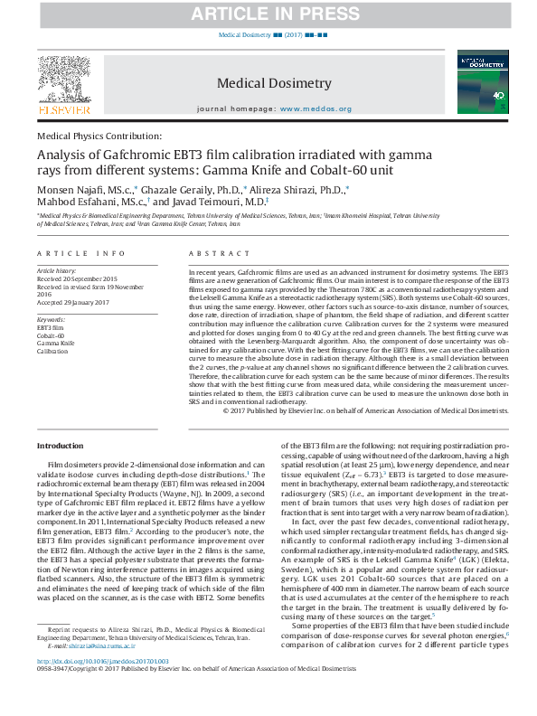 (PDF) Analysis of Gafchromic EBT3 film calibration irradiated with ...