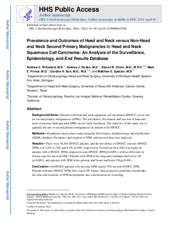 (PDF) Prevalence and Outcomes of Head and Neck versus Non-Head and Neck ...
