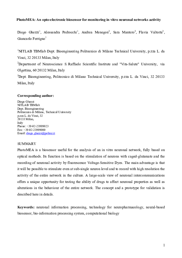 (PDF) PhotoMEA An optoelectronic biosensor for monitoring in vitro