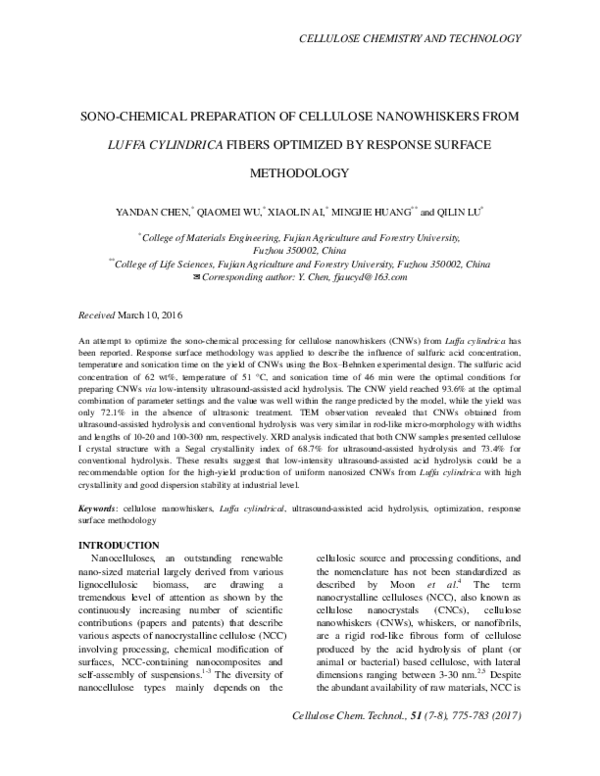 (PDF) Sono-Chemical Preparation of Cellulose Nanowhiskers from Luffa ...