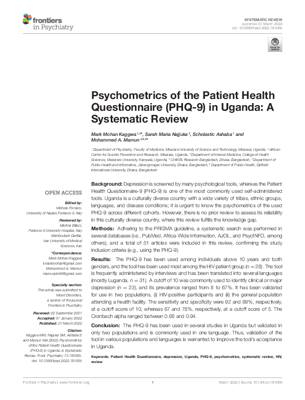 (PDF) Psychometrics of the Patient Health Questionnaire (PHQ-9) in ...