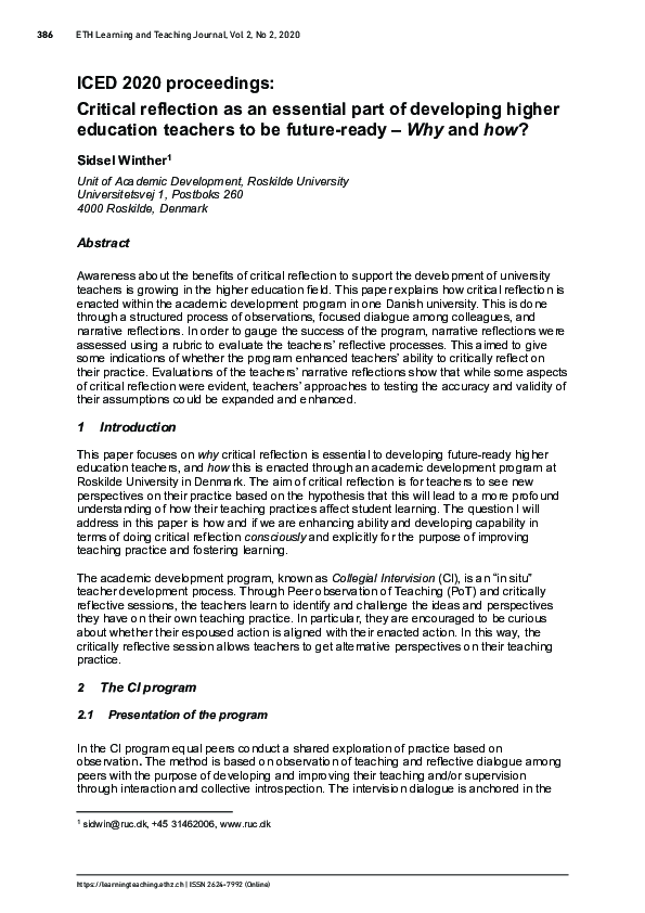 (PDF) Critical reflection as an essential part of developing higher ...