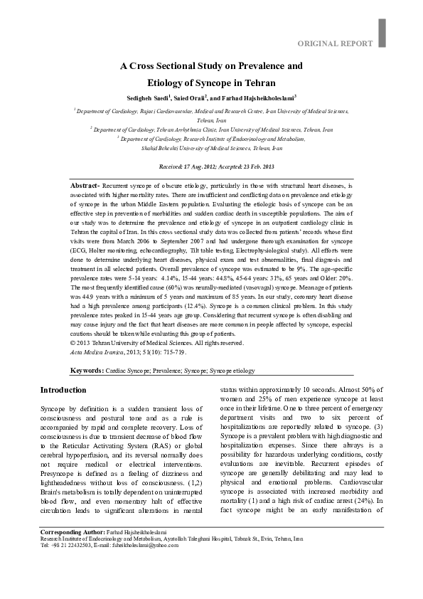 (PDF) A cross sectional study on prevalence and etiology of syncope in ...