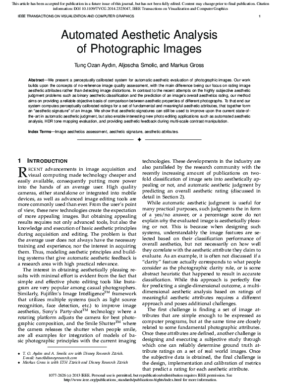 (PDF) Automated Aesthetic Analysis of Photographic Images Ozan Aydın