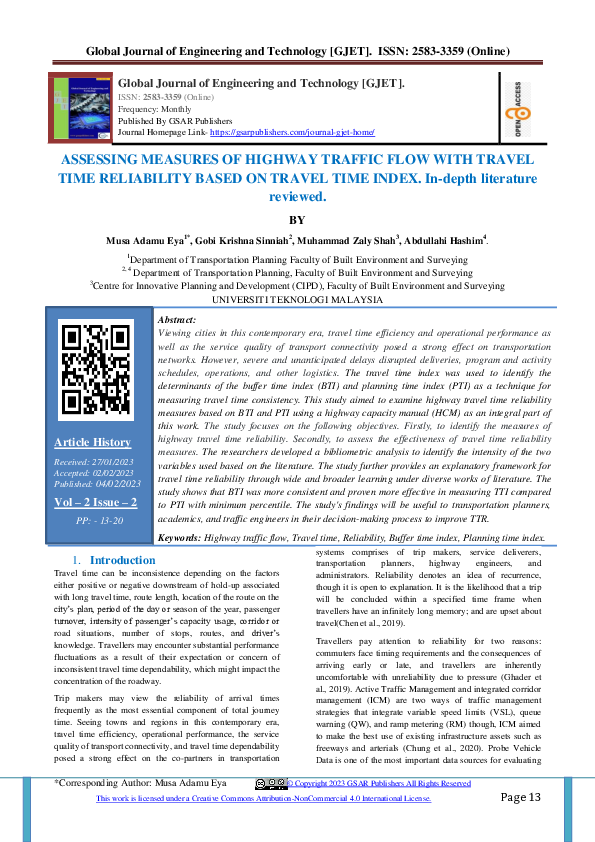 (PDF) ASSESSING MEASURES OF HIGHWAY TRAFFIC FLOW WITH TRAVEL TIME RELIABILITY BASED ON TRAVEL