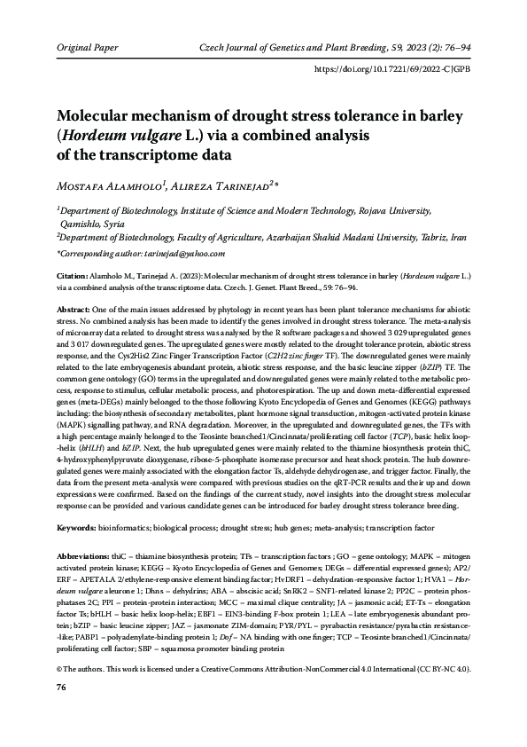 (PDF) Molecular mechanism of drought stress tolerance in barley ...