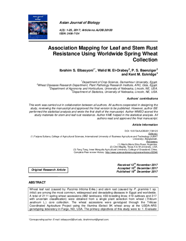 (PDF) Association Mapping for Leaf and Stem Rust Resistance Using ...