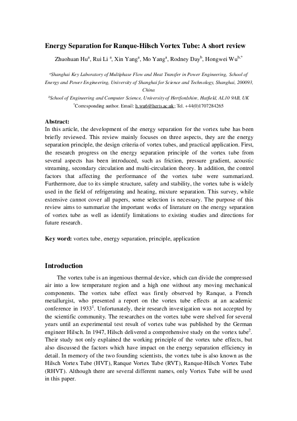(PDF) Energy separation for Ranque-Hilsch vortex tube: A short review ...