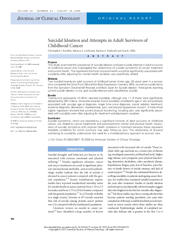 (PDF) Suicidal Ideation and Attempts in Adult Survivors of Childhood Cancer