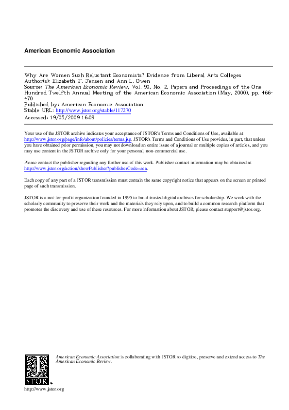 American Economic Association Why Are Women Such Reluctant Economists ? Evidence from Liberal Arts Colleges