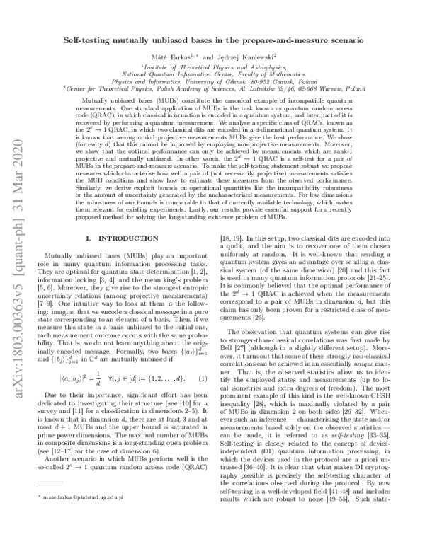 (PDF) Self-testing mutually unbiased bases in the prepare-and-measure ...