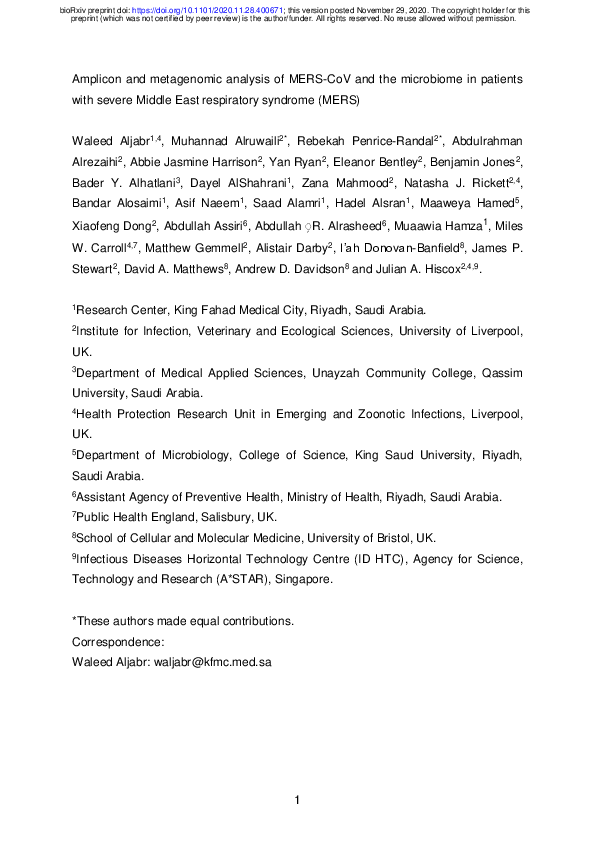 (PDF) Amplicon and metagenomic analysis of MERS-CoV and the microbiome ...