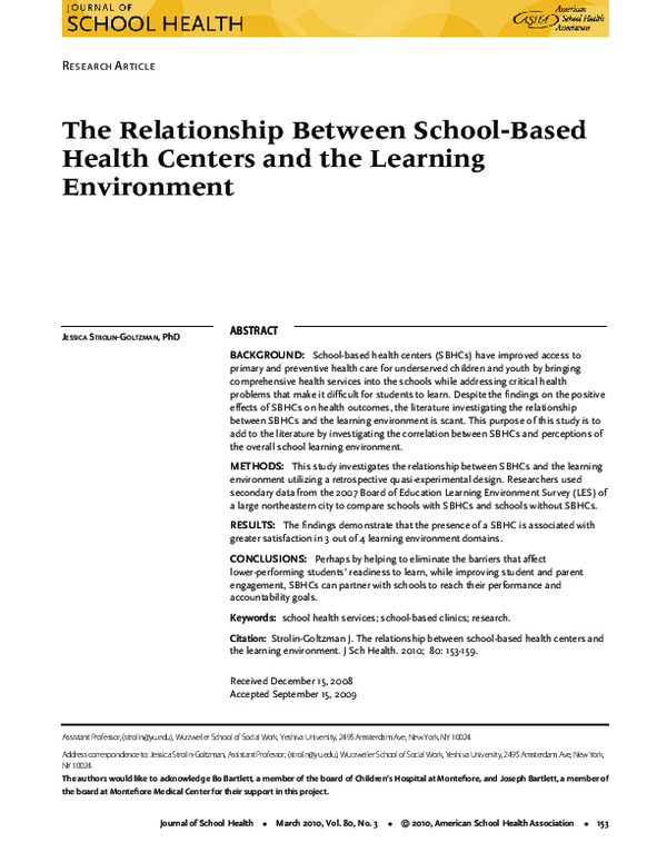 (PDF) The Relationship Between School-Based Health Centers and the ...