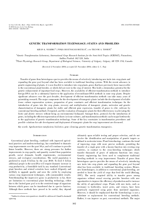 (PDF) Genetic transformation technology: Status and problems