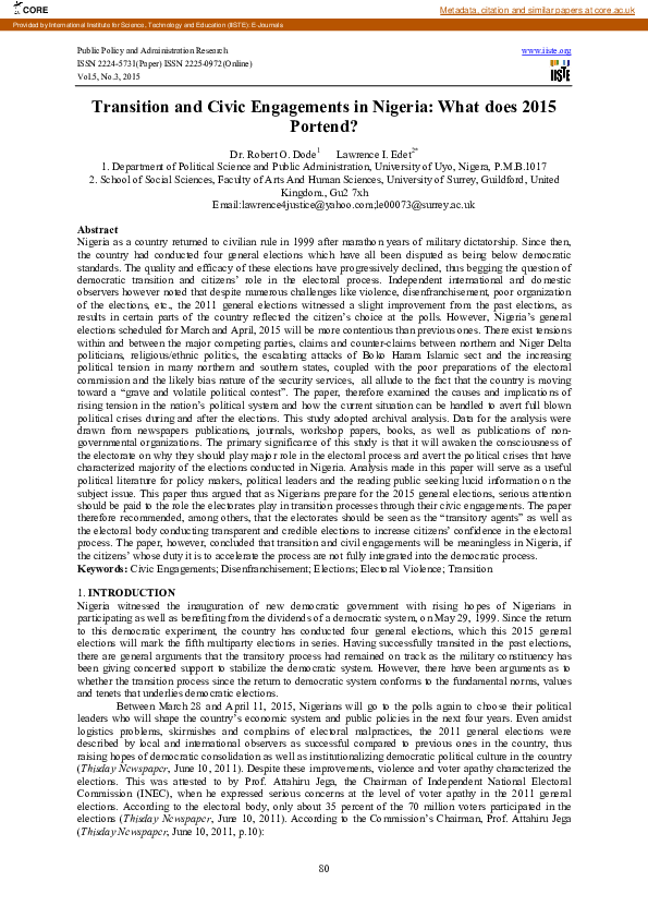 (PDF) Transition and Civic Engagements in Nigeria: What does 2015 Portend?
