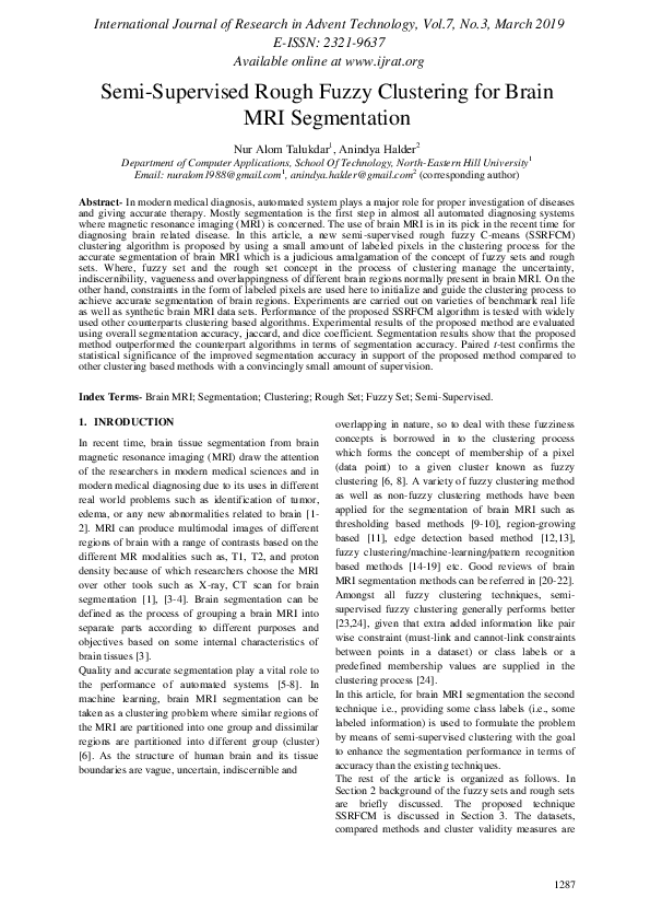 (PDF) Semi-Supervised Rough Fuzzy Clustering for Brain MRI Segmentation