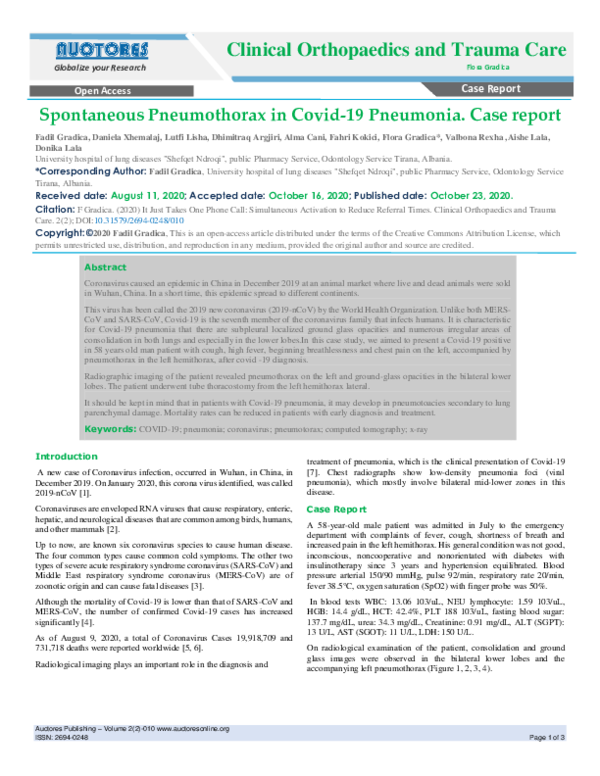 (PDF) Spontaneous Pneumothorax in Covid-19 Pneumonia. Case report