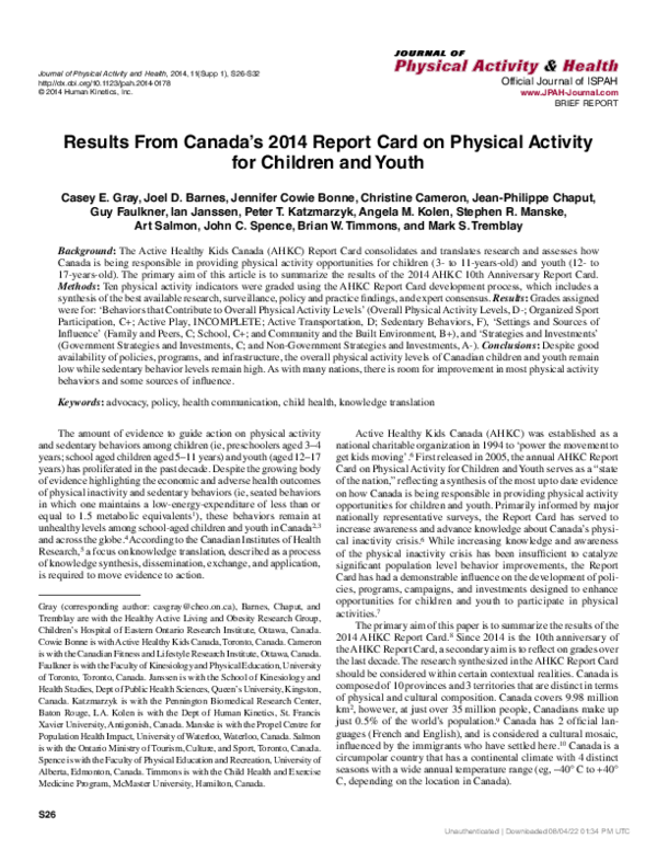 (PDF) Results from Canada’s 2014 Report Card on Physical Activity for ...