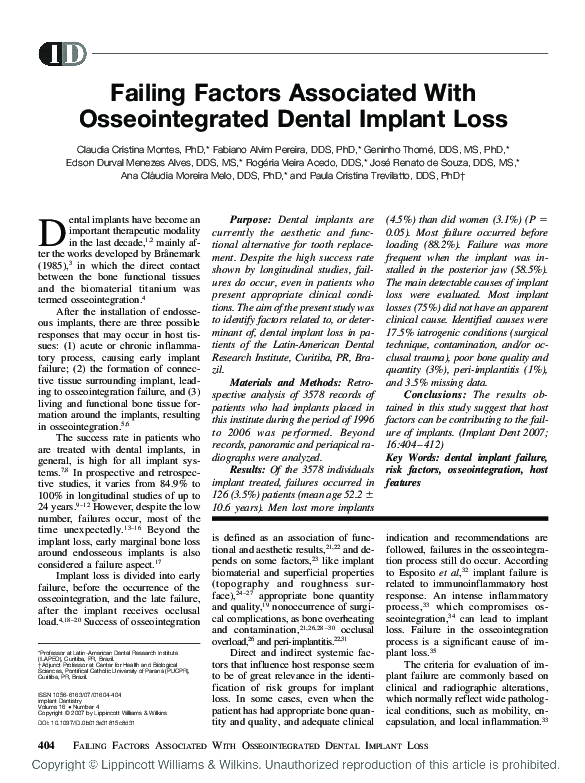 (PDF) Failing Factors Associated With Osseointegrated Dental Implant Loss